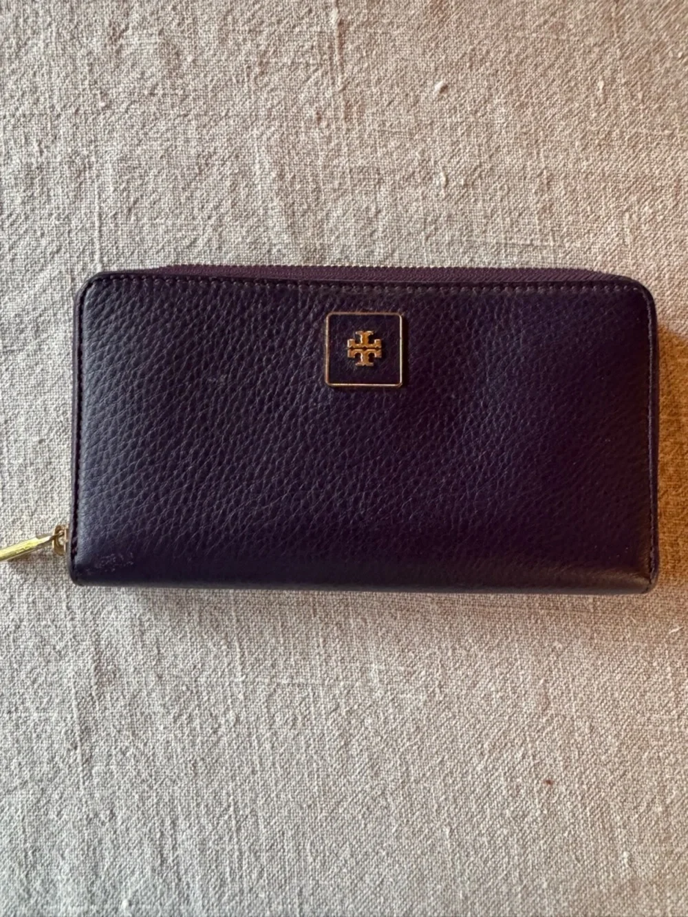 Tory Burch Purple Pebbled Leather Zip-Around Wallet with Gold Logo